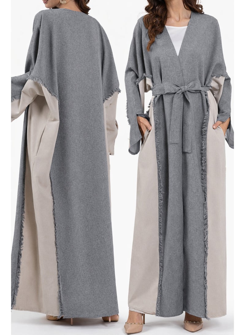 SHOWDAY Women’s Open Front Abaya Cardigan, Two Tone Long Kimono Kaftan with Belt & Pockets, Modest Maxi Outerwear for Daily Wear, Ramadan & Eid - Image 1